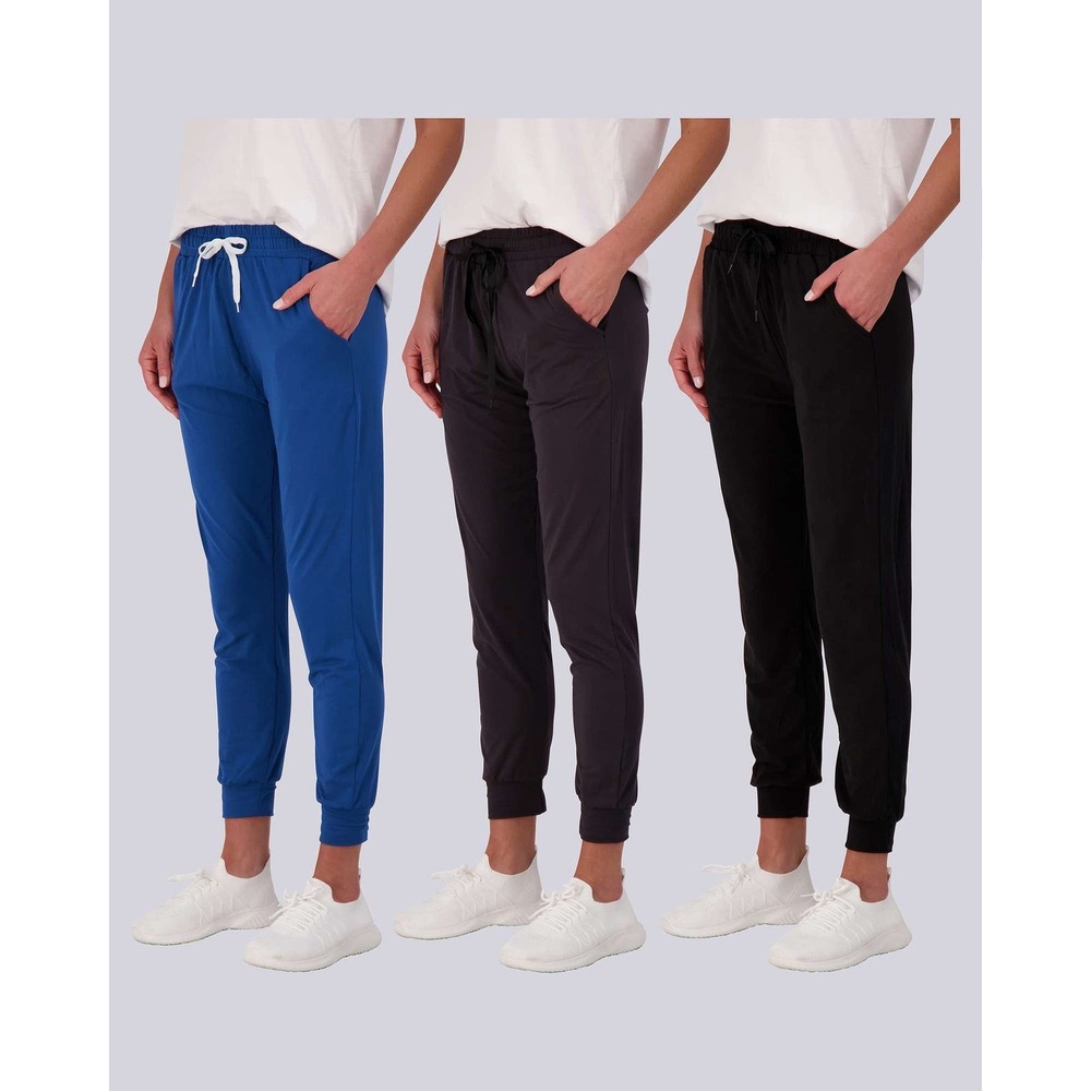 Real Essentials 3 Pack Womens Joggers Elastic Waist Drawstring Pockets